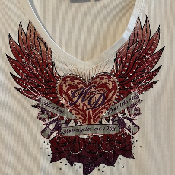 Harley-Davidson Valentines Collection White Graphic Tee Ribbed V-Neck Large Y2K - Picture 4 of 9